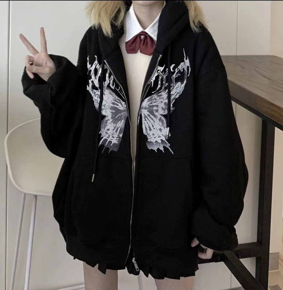 ユッキー SHINsuke Men Women Y2K Butterfly Zip Up Hoodie Grunge Goth